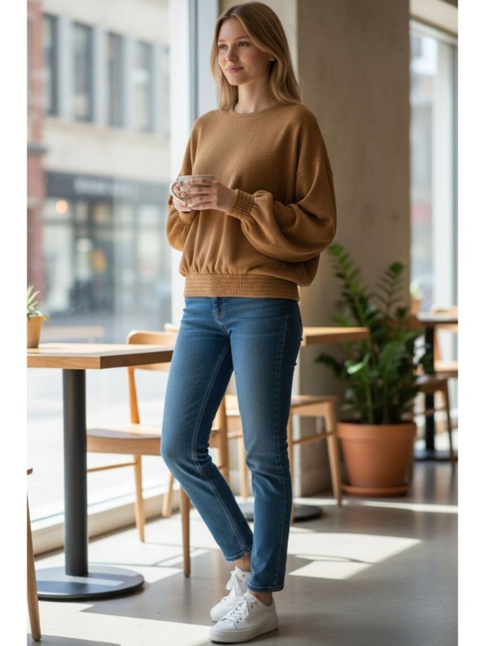 Zara Camel Brown Ribbed Elasticated Sweater With Textured Detail